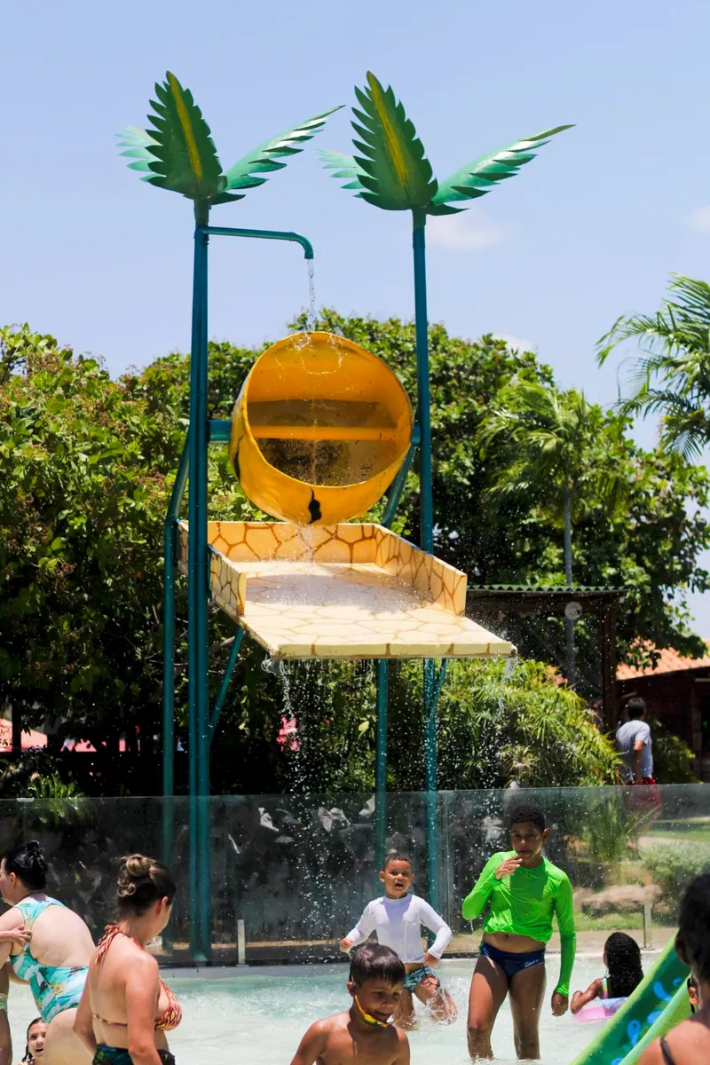 Balde maluco amarelo no alto de uma torre com folhas de coqueiro, sobre a área molhada das crianças